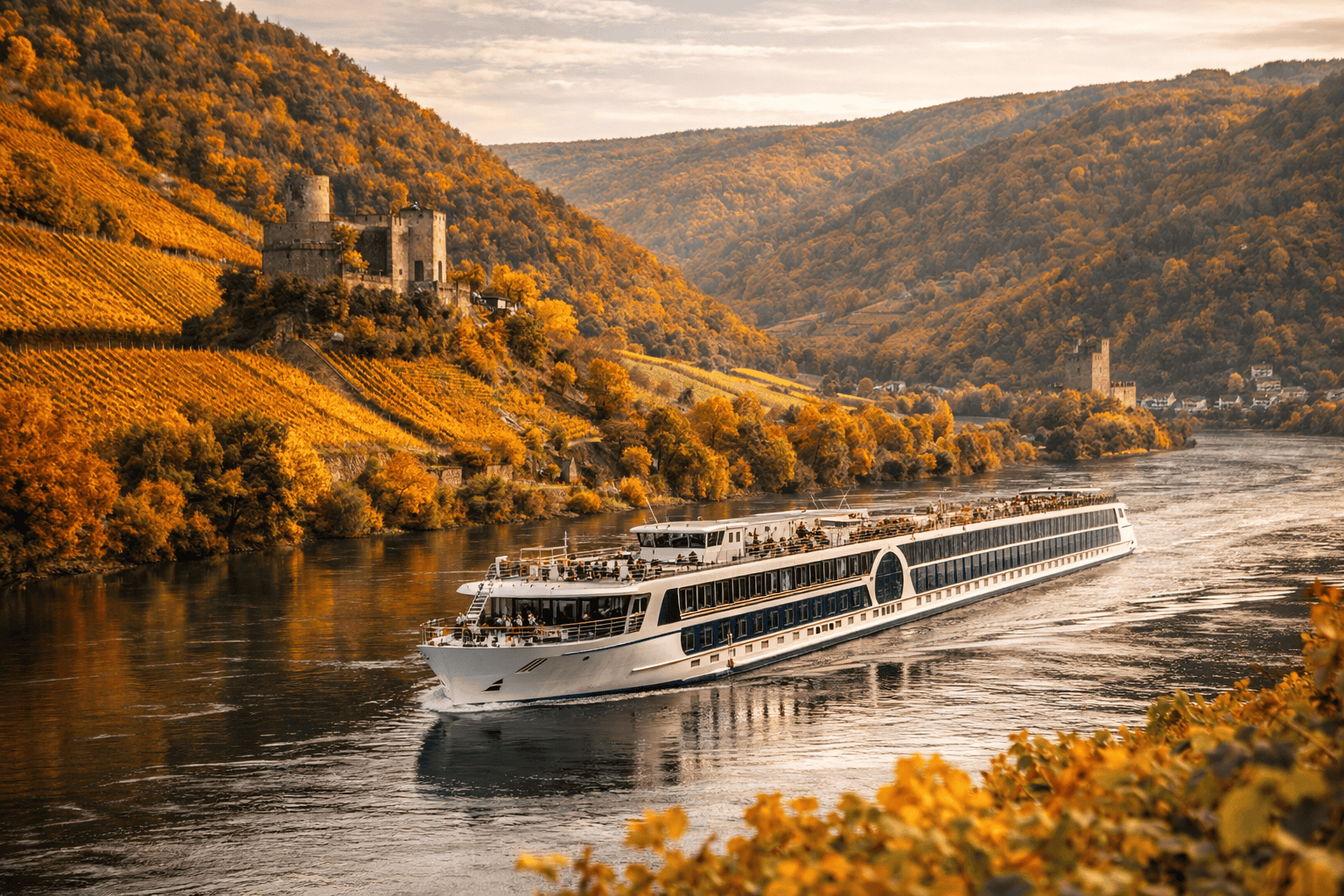 Rhine River cruise sailing through autumn scenery in Europe