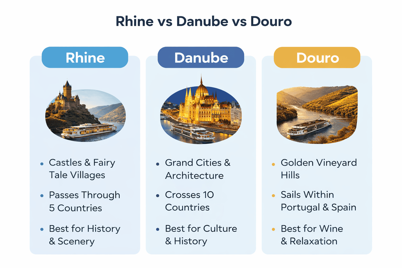 Infographic comparing the best European river cruise routes — Rhine vs Danube vs Douro — highlighting scenery, countries visited, and travel style differences.