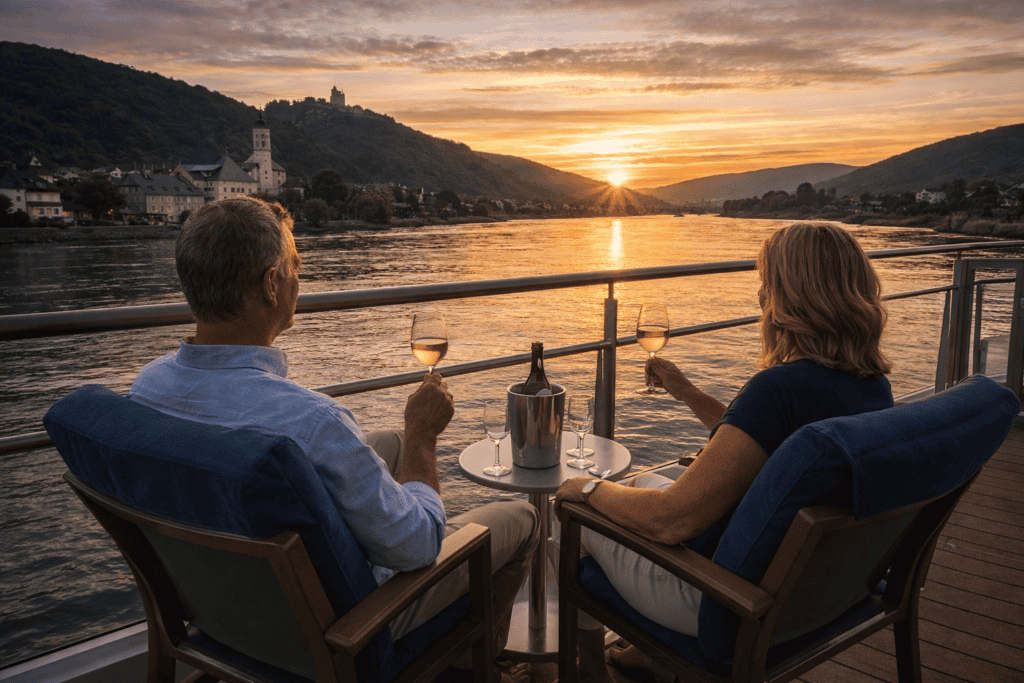 Couple enjoying wine on a European river cruise balcony at sunset overlooking a scenic river valley