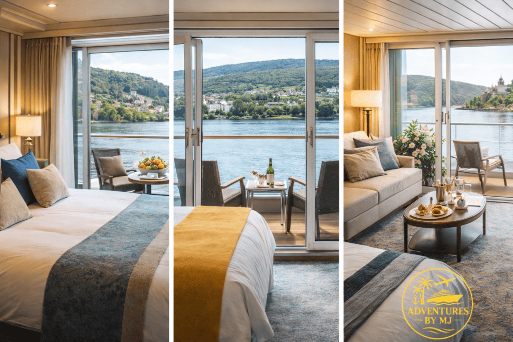 Comparison of river cruise cabin types showing a French balcony cabin, full balcony cabin, and luxury suite with river views on a European river cruise ship.