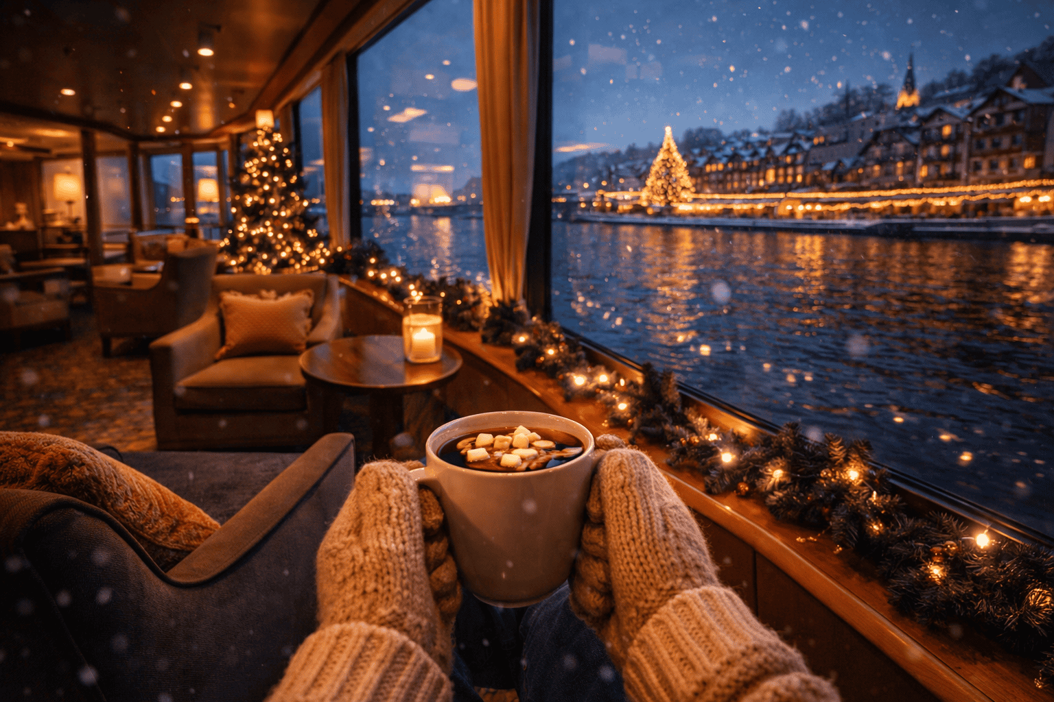 cozy river cruise lounge during Europe Christmas market cruise