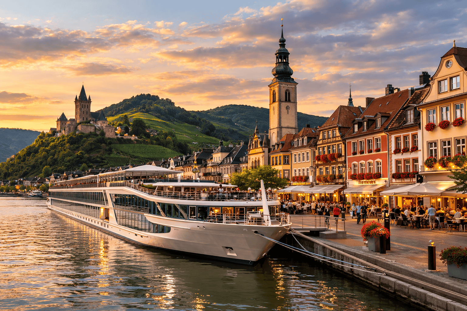 River cruise ship docked in a charming European river town.