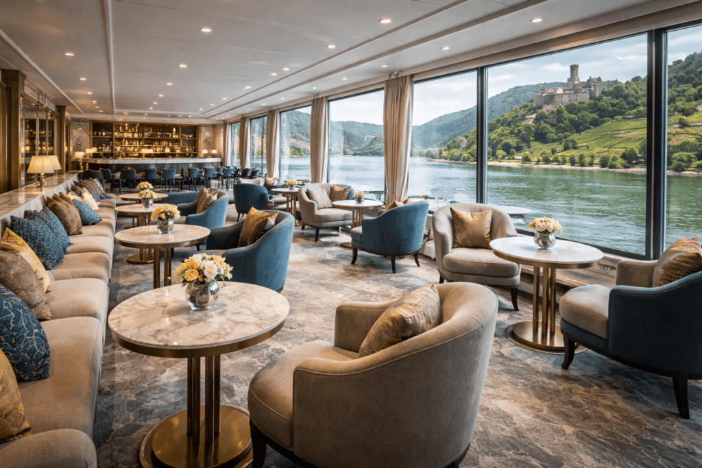 Elegant European river cruise ship lounge with panoramic river views