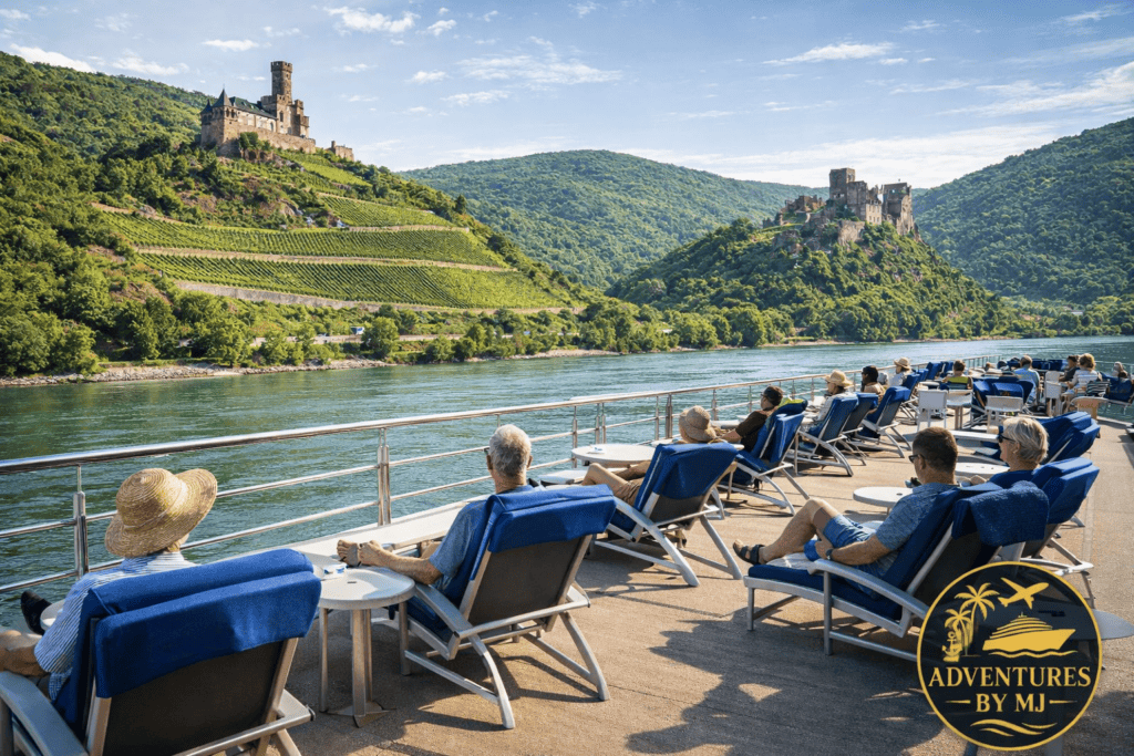 Passengers relaxing on a European river cruise sun deck watching scenic vineyards and castles