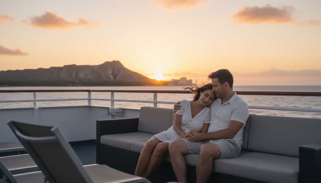 Couple enjoying a romantic sunset on a cruise ship deck overlooking the ocean