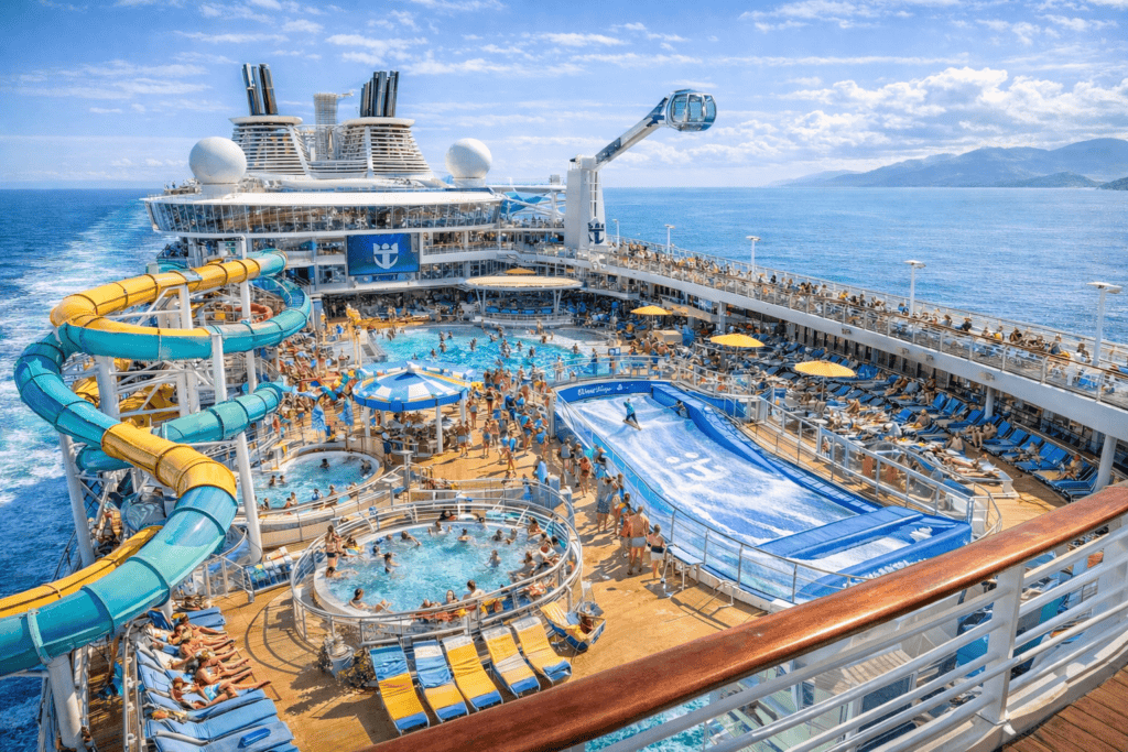 Royal Caribbean cruise ship deck with water slides and activities ideal for first-time cruisers.
