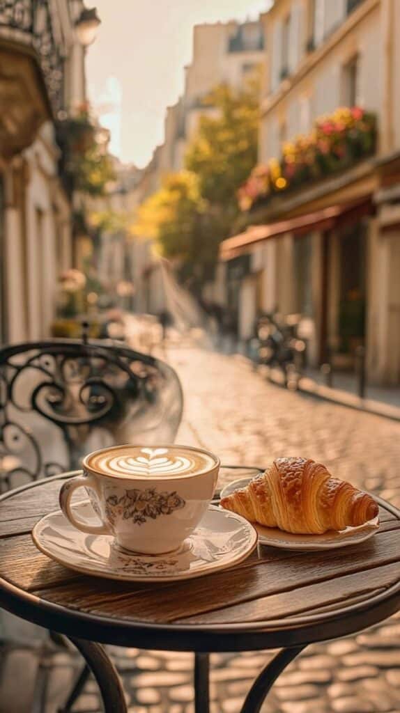 Best way to see Europe without rushing with a relaxed café scene featuring coffee and croissant on a quiet European street