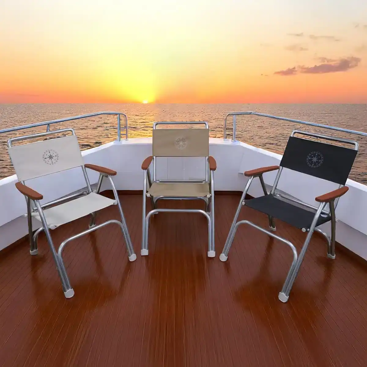 Small ship cruise quiet deck at sunset with few passengers relaxing on ocean