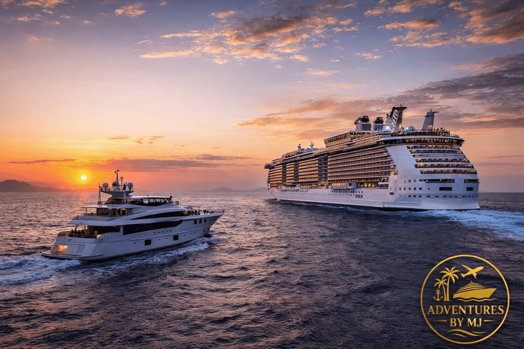 Small ship vs large cruise ship sailing at sunset showing the difference between boutique yacht-style cruising and mega cruise ships