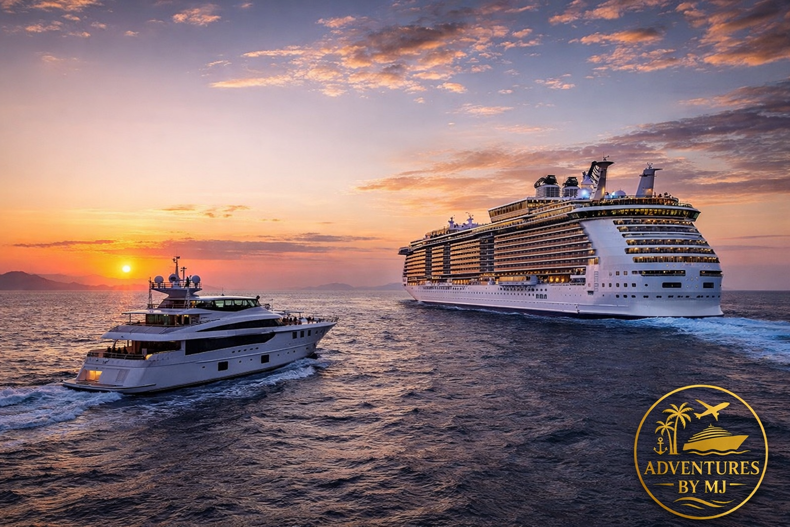 Small ship vs large cruise ship sailing at sunset showing the difference between boutique yacht-style cruising and mega cruise ships
