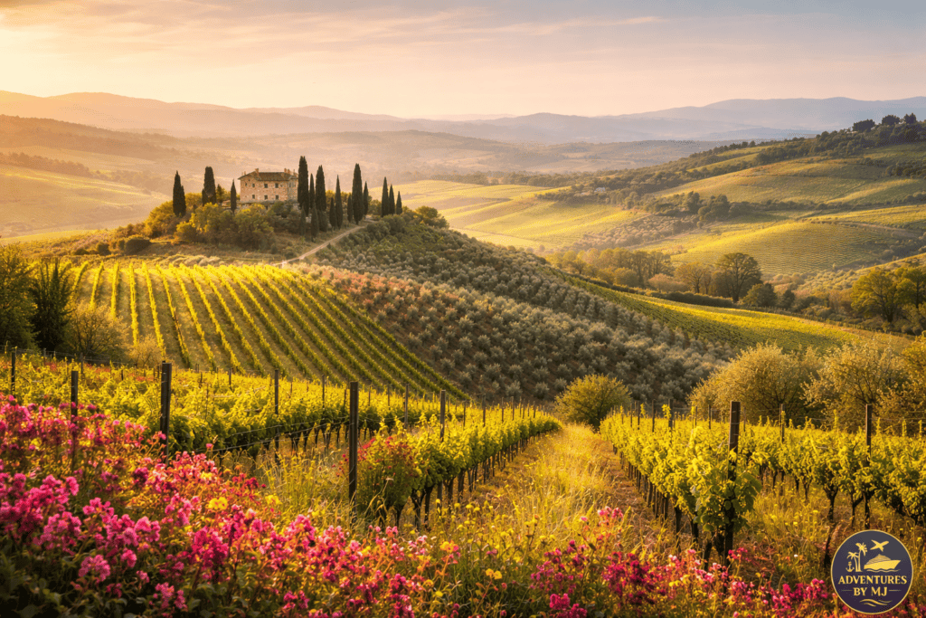 Spring scenery in Italy, France, and Spain with blooming vineyards and gardens during one of the best times to visit Italy France Spain.