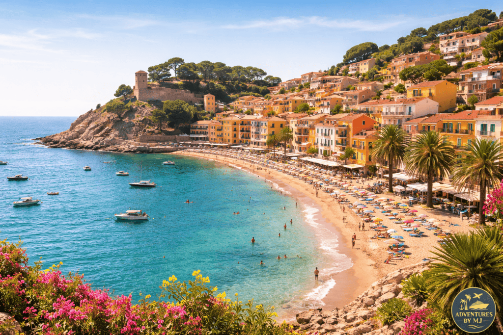 Mediterranean coastline in summer in Italy, France, and Spain during peak travel season.