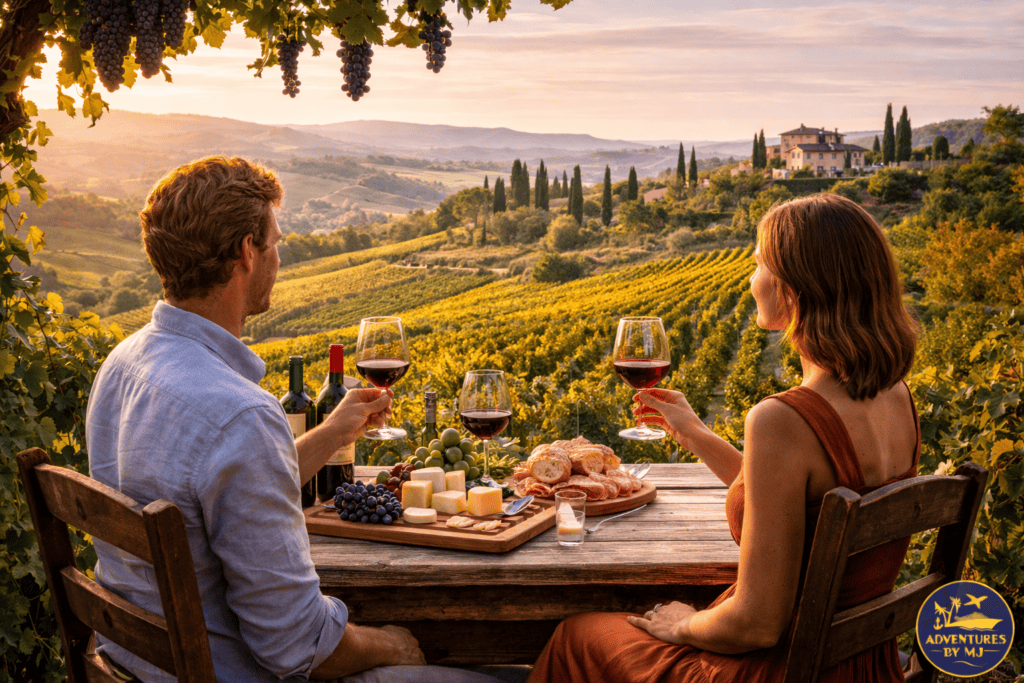 Travelers enjoying a café view in southern Europe while visiting Italy, France, and Spain.