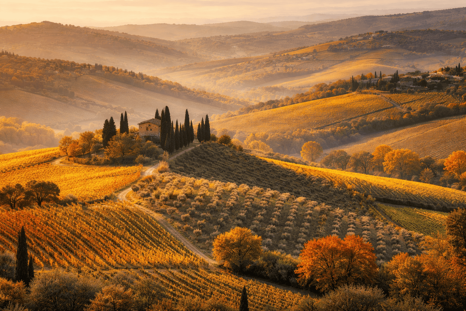 Tuscany countryside vineyards during fall harvest season