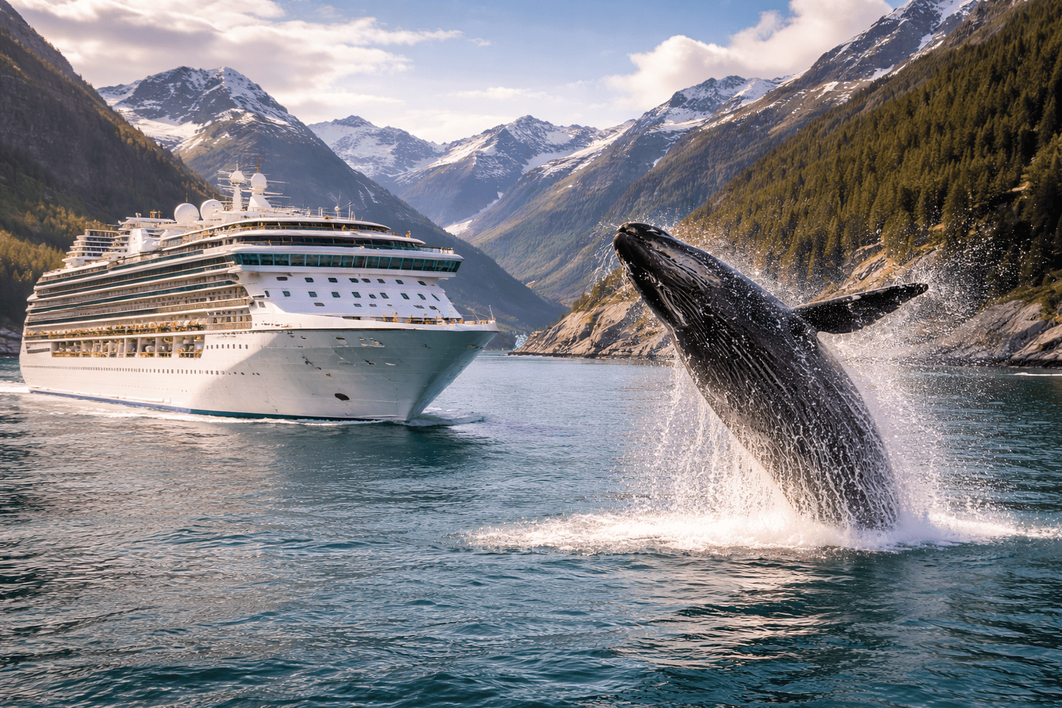 humpback whale breaching near cruise ship during Alaska Inside Passage cruise