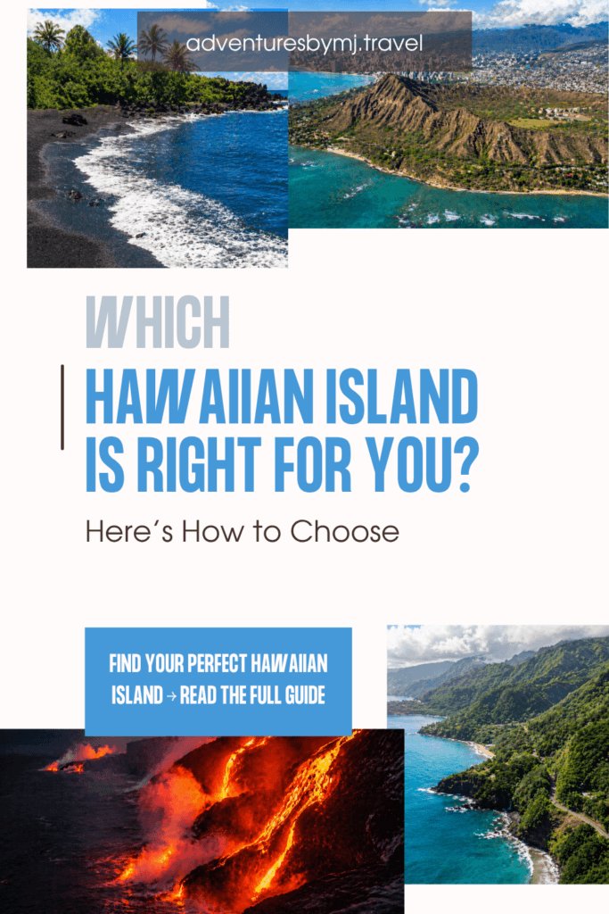 Aerial view of Kaua’i’s Na Pali Coast cliffs rising above turquoise ocean waters at golden hour, with the text overlay “Which Hawaiian Island Should You Visit?” — a guide to choosing the best Hawaiian island for your travel style.