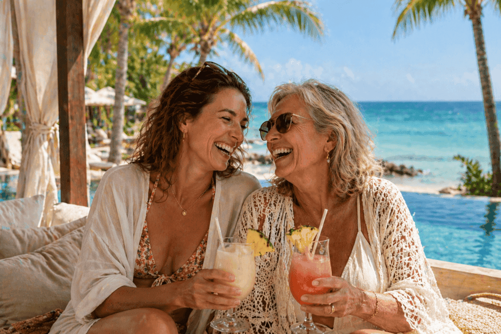 Mother and daughter relaxing at an all-inclusive Caribbean resort pool