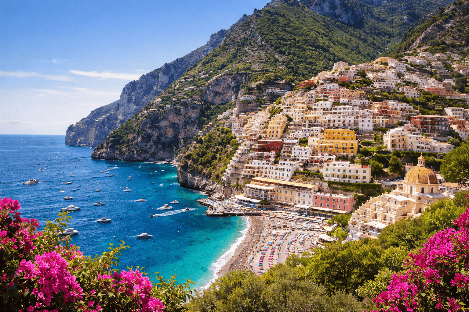 Colorful cliffside villages of the Amalfi Coast in Italy overlooking the brilliant blue Mediterranean Sea