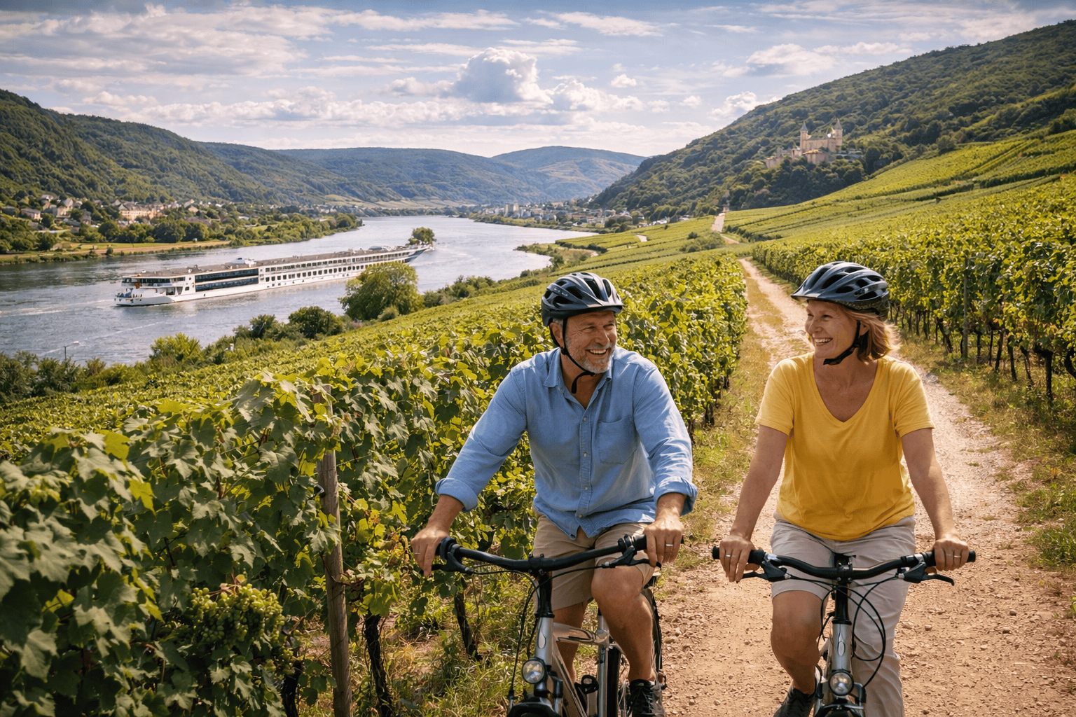 Couple cycling through vineyard-lined countryside during an AmaWaterways river cruise port excursion in Europe