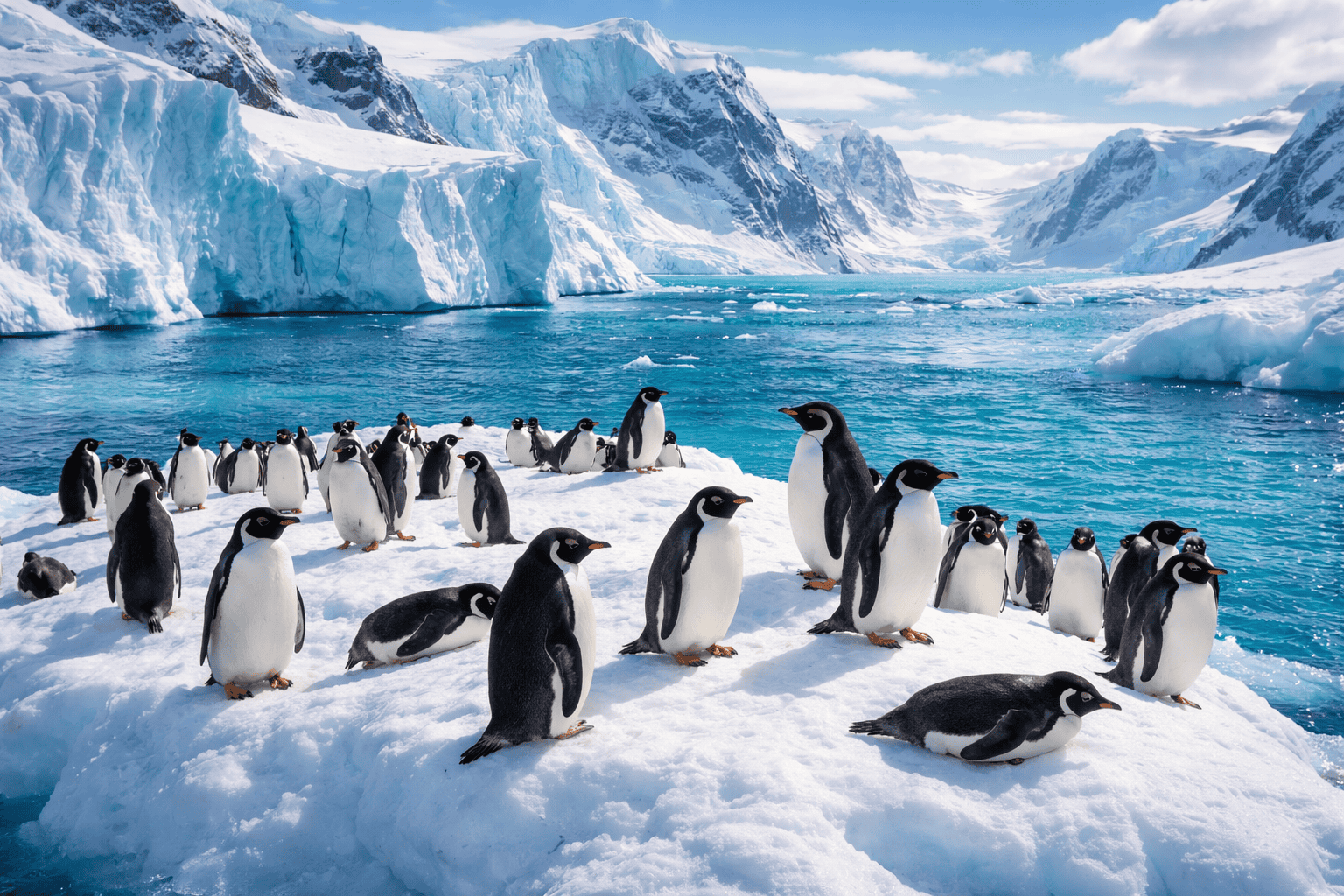 Colony of penguins standing on ice in Antarctica with towering glaciers and deep blue water in the background