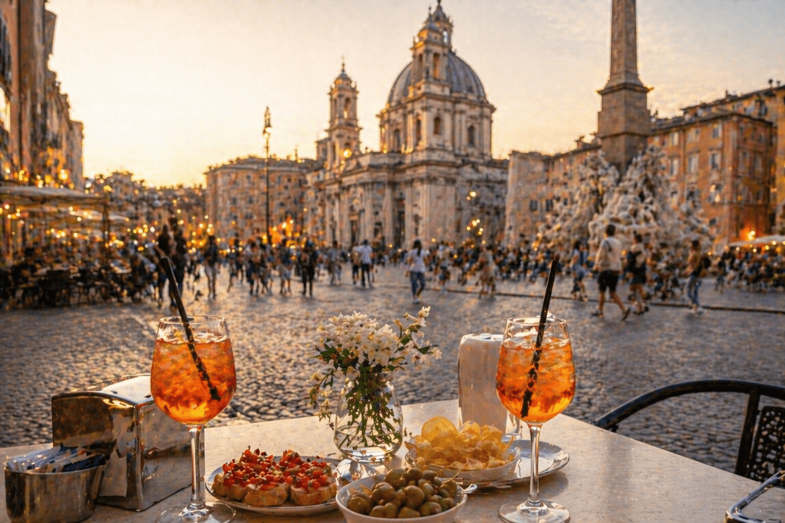 Two glasses of Aperol spritz on a sunlit table at a Rome piazza in summer.