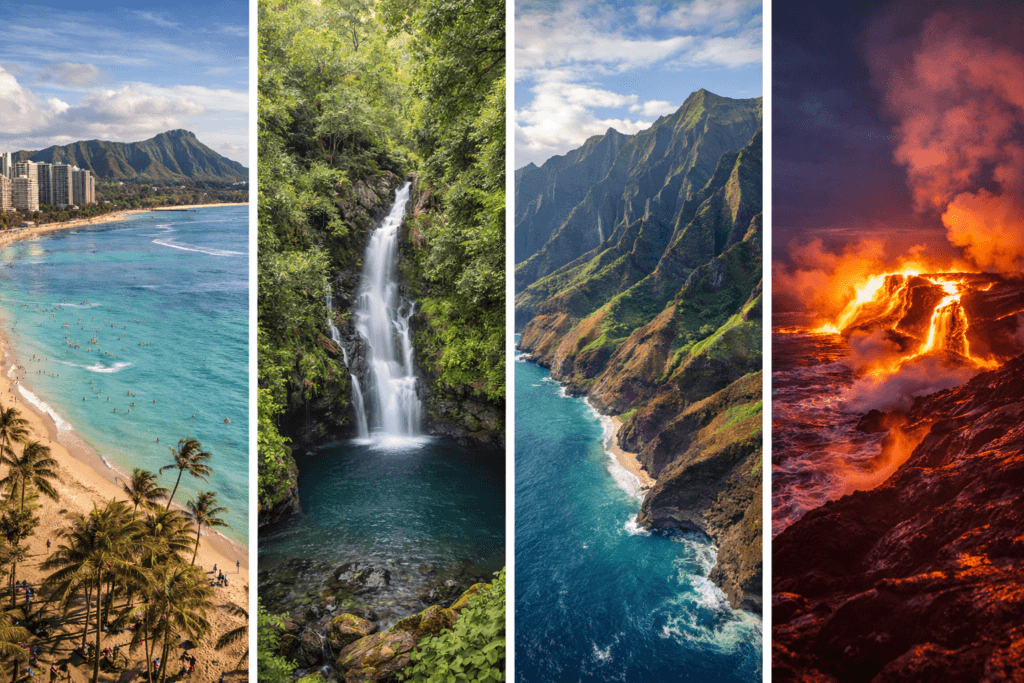 Four-panel collage of Hawaii's main islands: Waikiki Beach on Oahu, Road to Hana waterfall on Maui, Na Pali Coast on Kauai, and lava flow on the Big Island