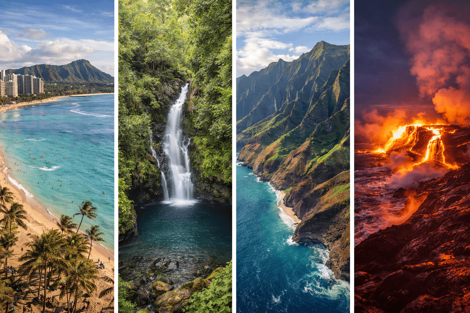 Four-panel collage of Hawaii's main islands: Waikiki Beach on Oahu, Road to Hana waterfall on Maui, Na Pali Coast on Kauai, and lava flow on the Big Island