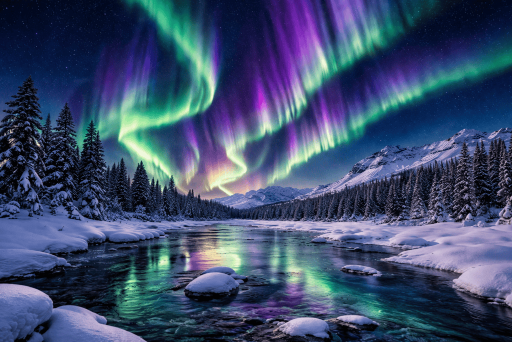 Green and purple northern lights dancing over a snow-covered landscape in Iceland
