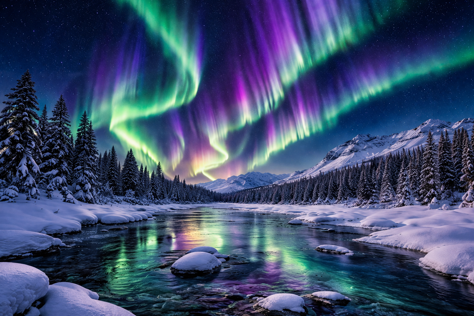 Green and purple northern lights dancing over a snow-covered landscape in Iceland