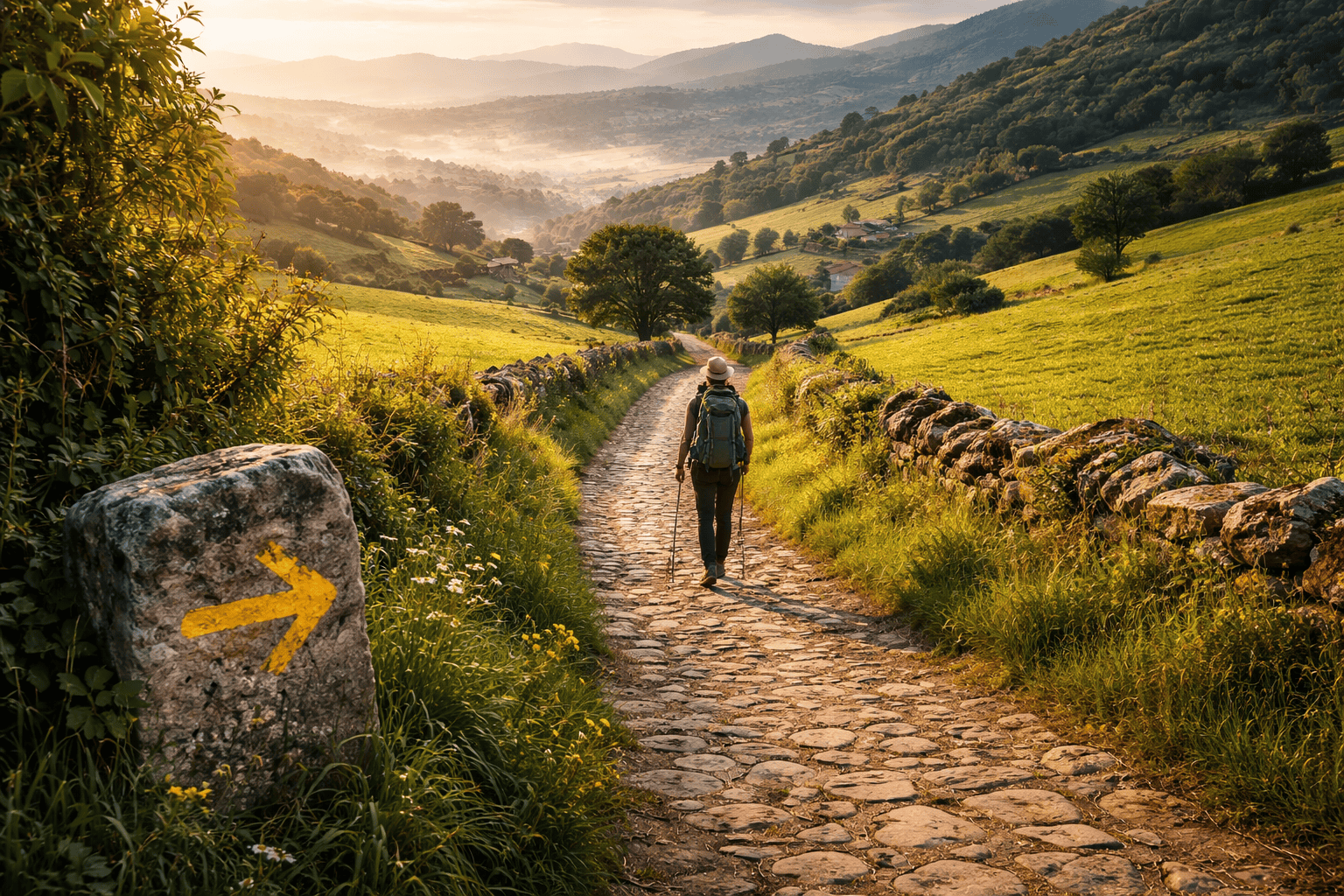 Lone pilgrim walking an ancient stone path on the Camino de Santiago through green hills in northern Spain