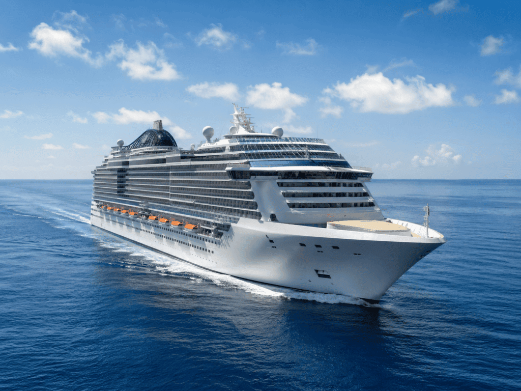 Modern cruise ship sailing in open Caribbean waters, illustrating how cruise lines reroute itineraries around tropical storms during hurricane season.
