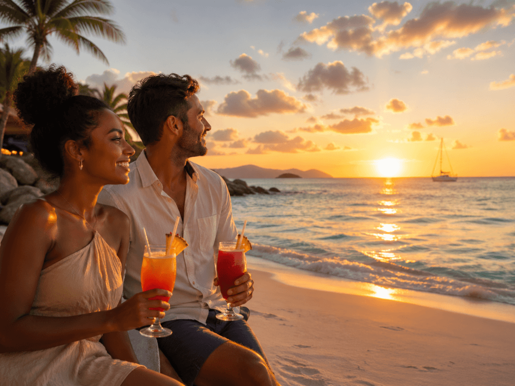 Couple enjoying Caribbean beach sunset, illustrating successful hurricane-season Caribbean vacation with proper travel planning.
