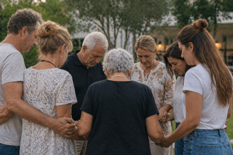 Church group standing in a circle praying together before a group trip