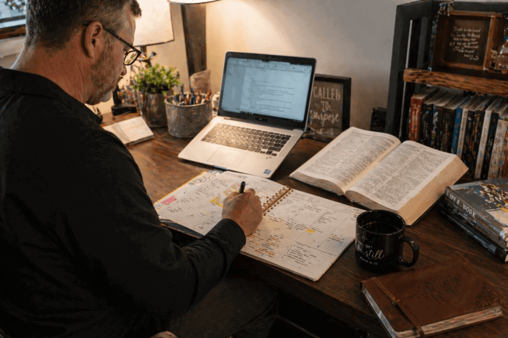 Ministry leader planning a church group trip with a laptop, planner, and open Bible