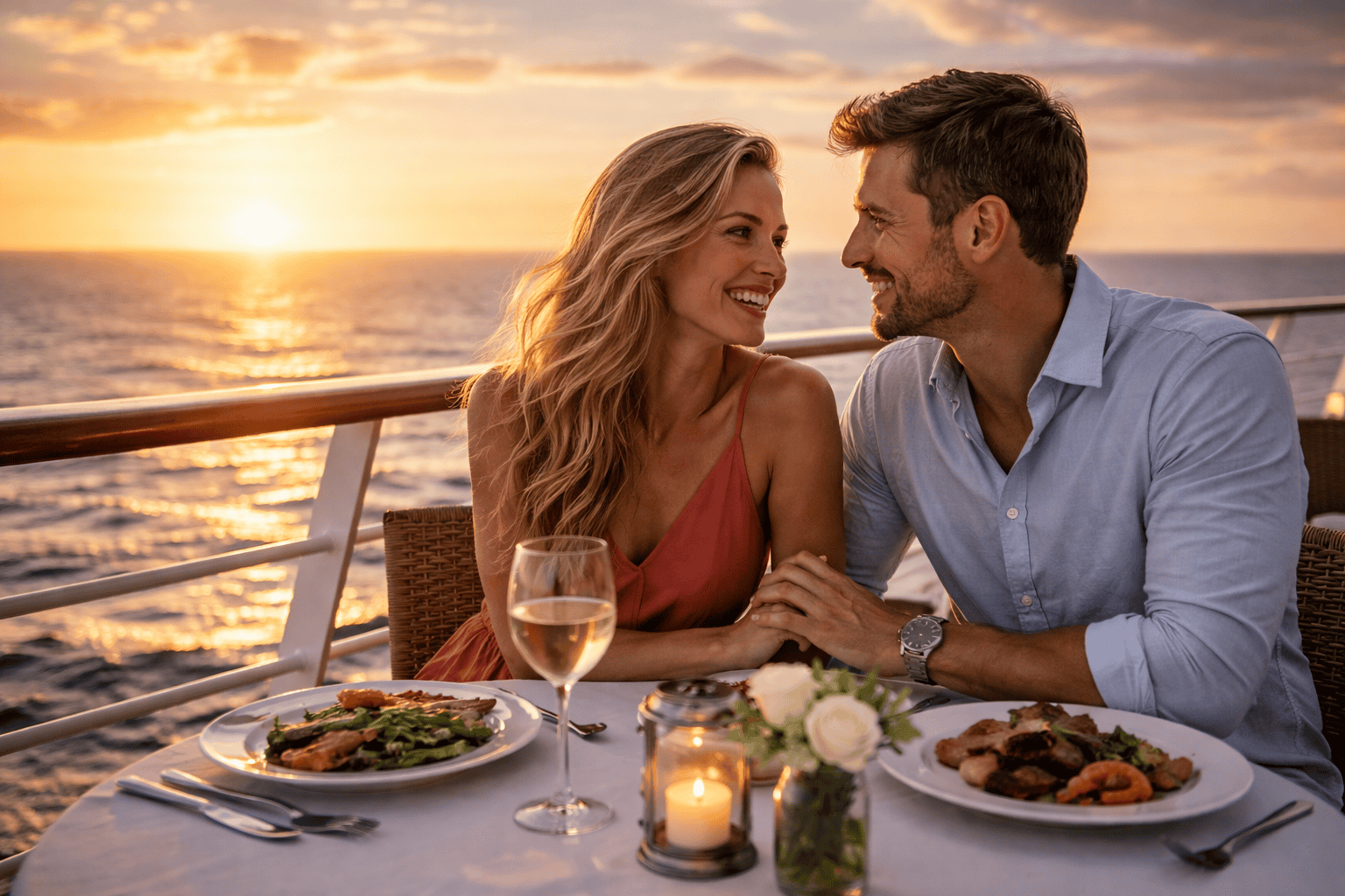 couple enjoying cruise vacation ocean view sunset relaxed travel
