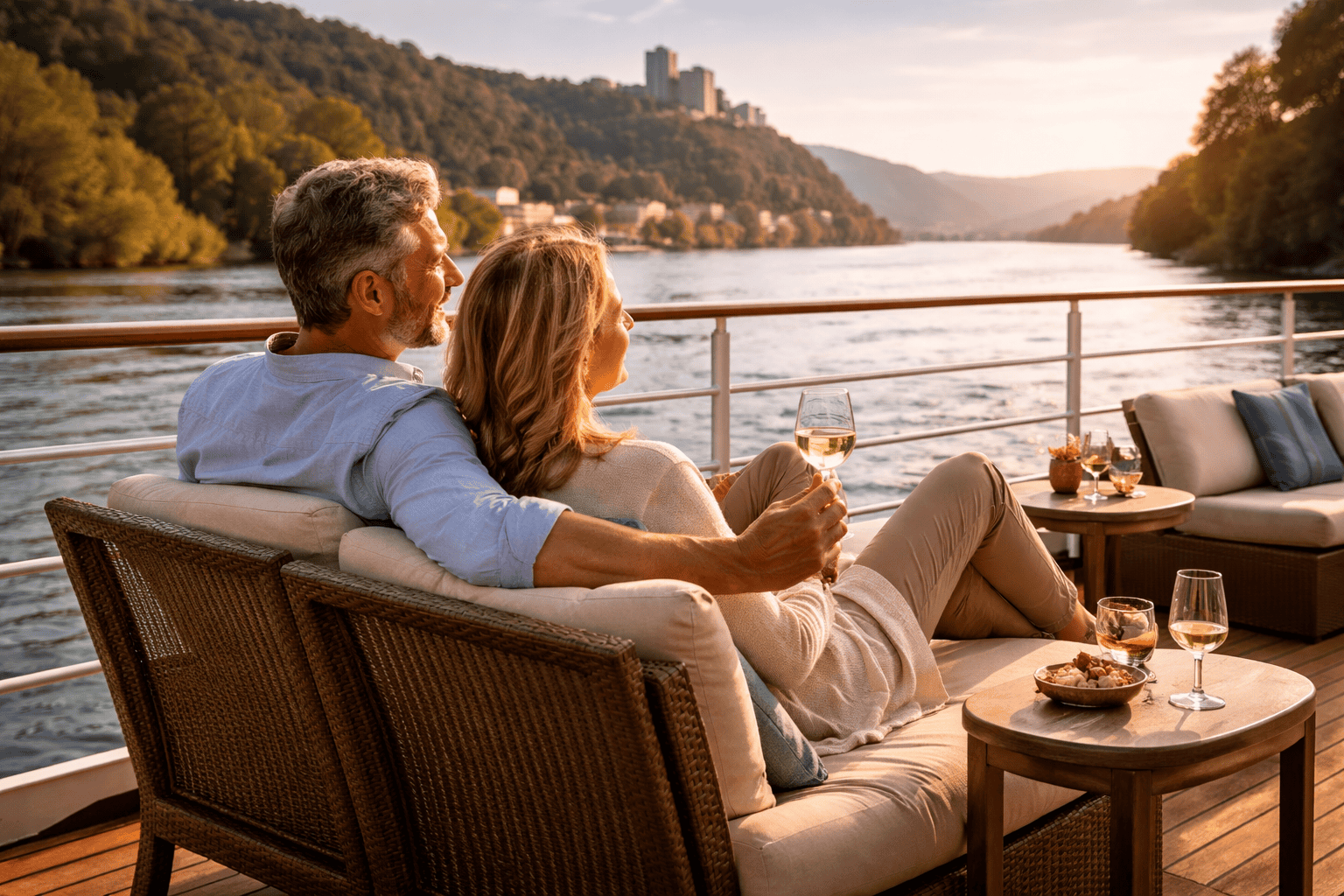 couple relaxing on European river cruise scenic view