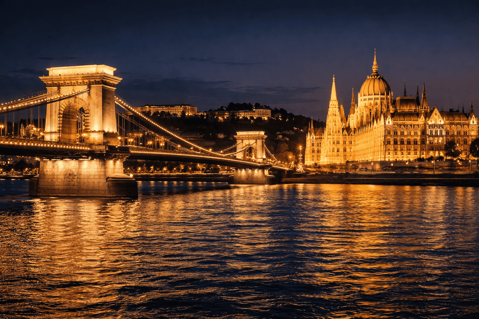 Budapest Chain Bridge and Parliament building illuminated at night as seen from the Danube River