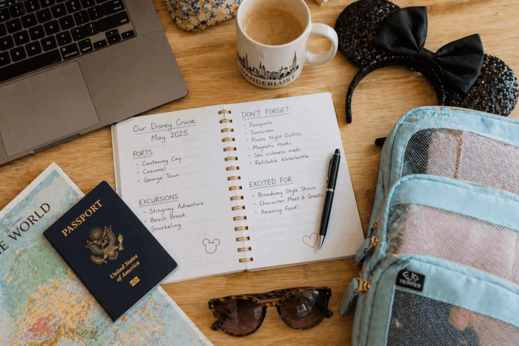 Disney cruise planning flat-lay with passport, notebook, packing cubes, and coffee