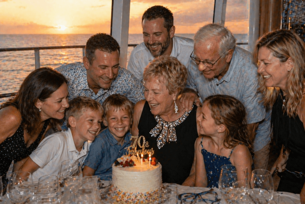 Multi-generational family celebrating together on a cruise vacation with young children