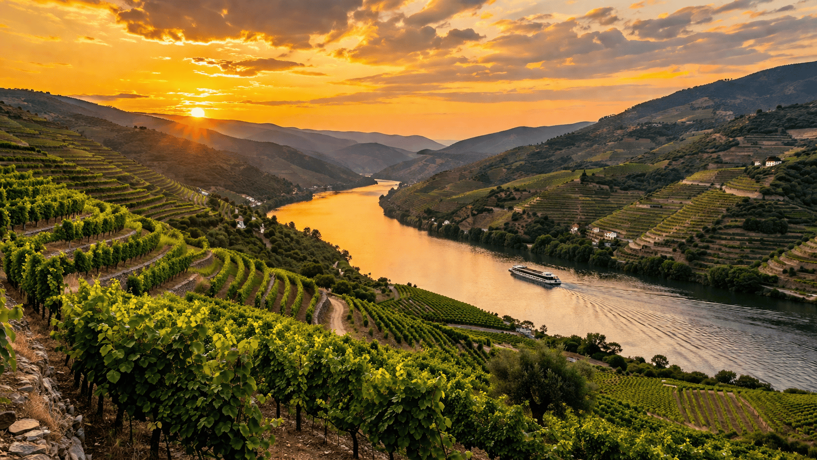 UNESCO-listed terraced vineyards lining both sides of the Douro River Valley in Portugal at golden hour