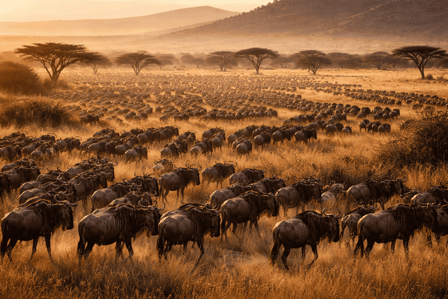 Massive wildebeest herd crossing the golden Serengeti plains during the Great Migration in Tanzania