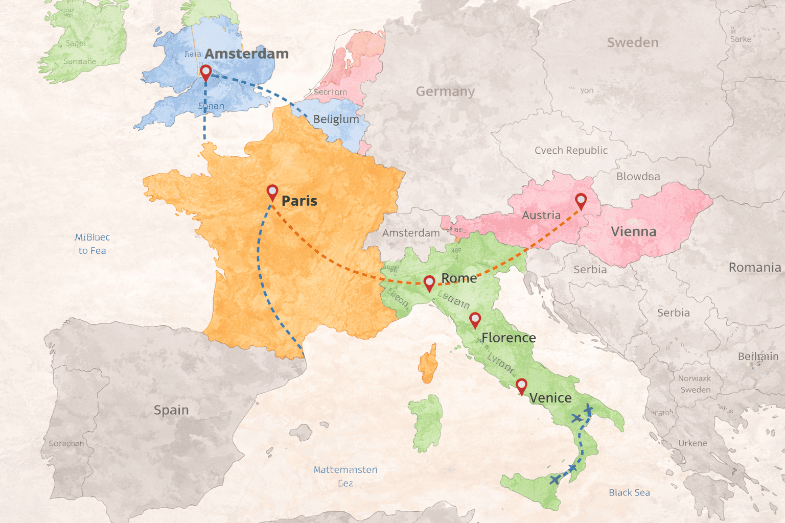 Europe itinerary planning map choosing destinations route