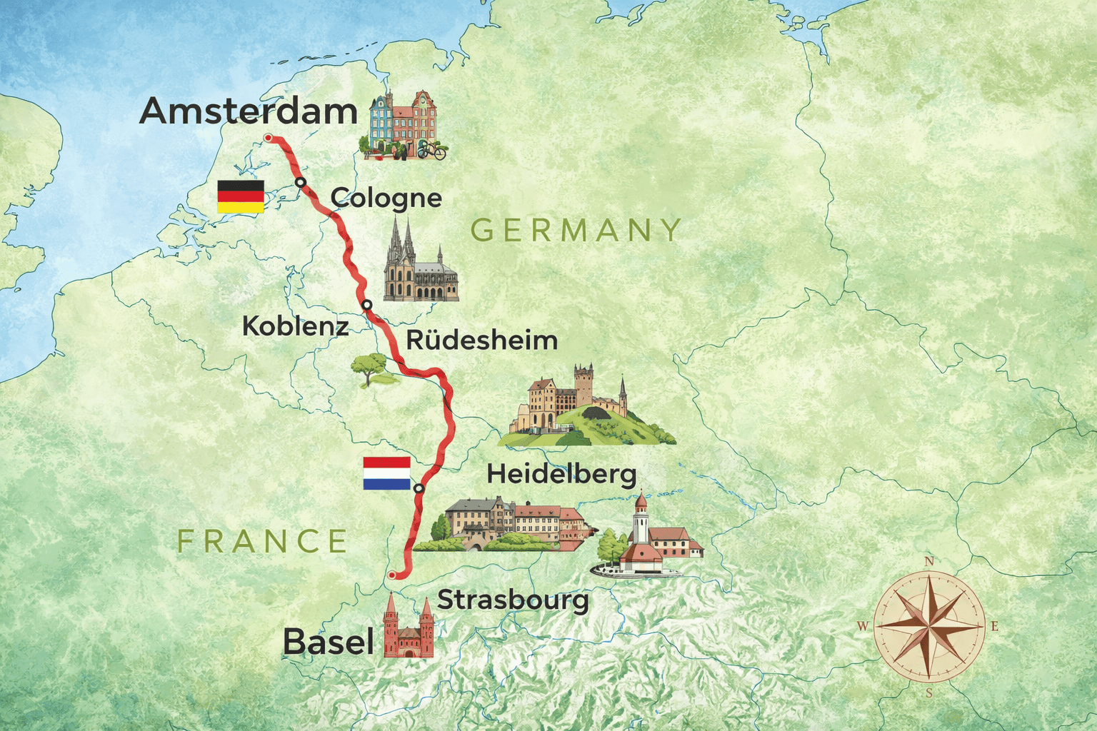 Map of Europe highlighting popular river cruise routes along the Rhine and Danube rivers
