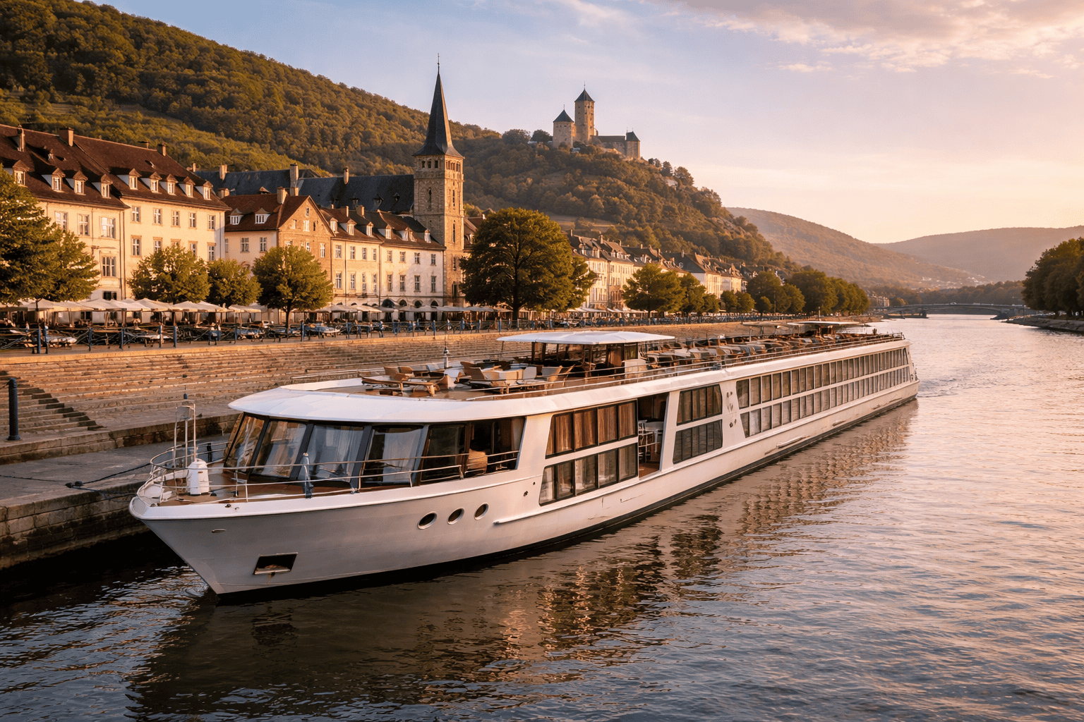 small European river cruise ship docked showing limited capacity