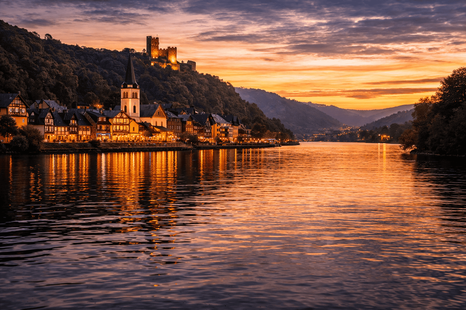 European river cruise scenic village sunset travel inspiration