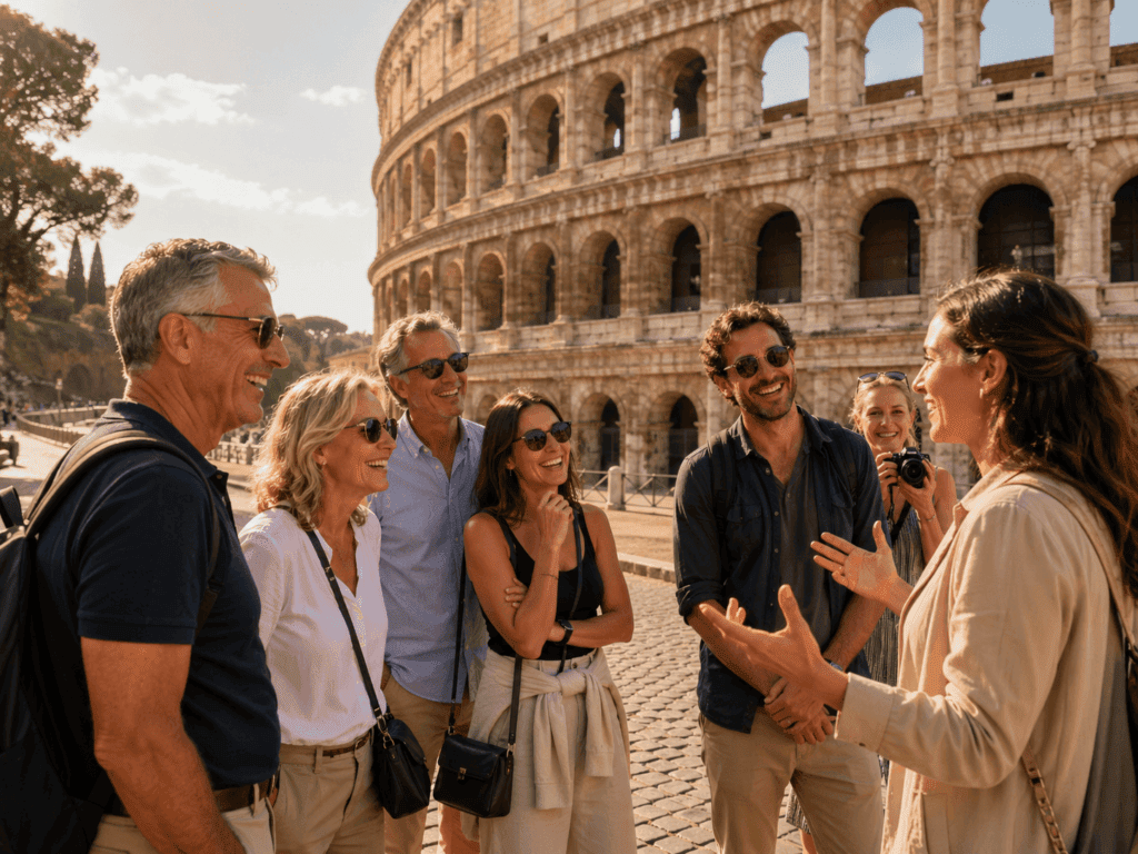 Small guided tour group exploring Rome with a local tour director