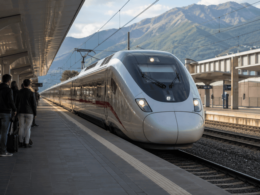 High-speed European train arriving at city center station for 2026 rail travel