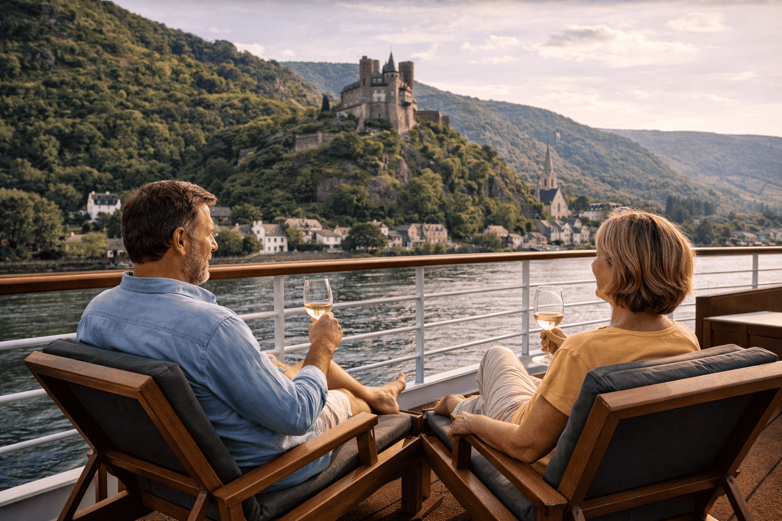Couple relaxing together on the sun deck of a European river cruise ship as medieval riverside scenery passes by