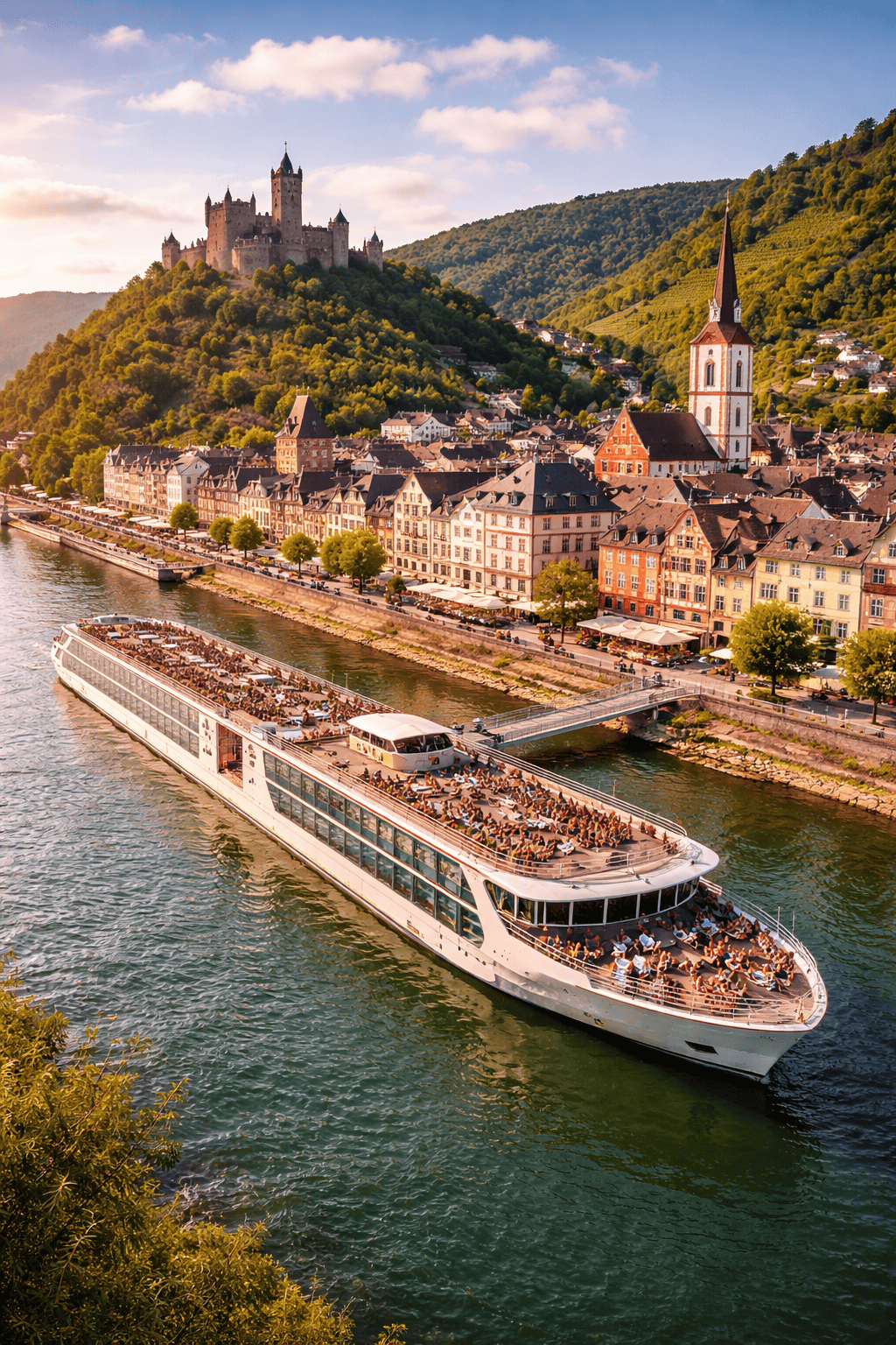 European river cruise ship docked along a colorful riverside town on the Rhine or Danube