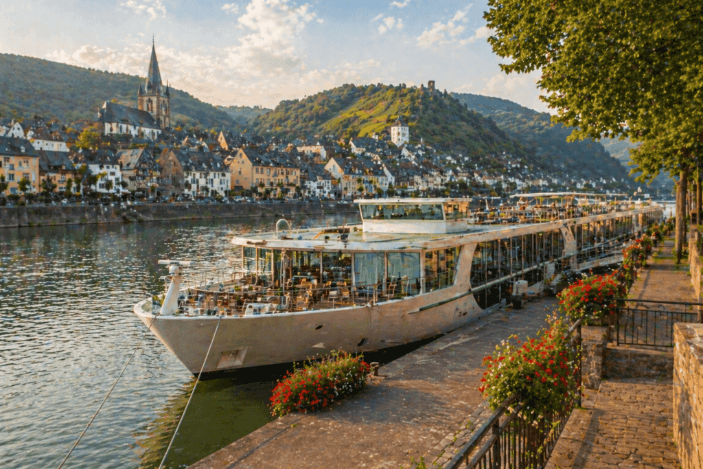 Riverboat docked in a European town along the Danube or Rhine river